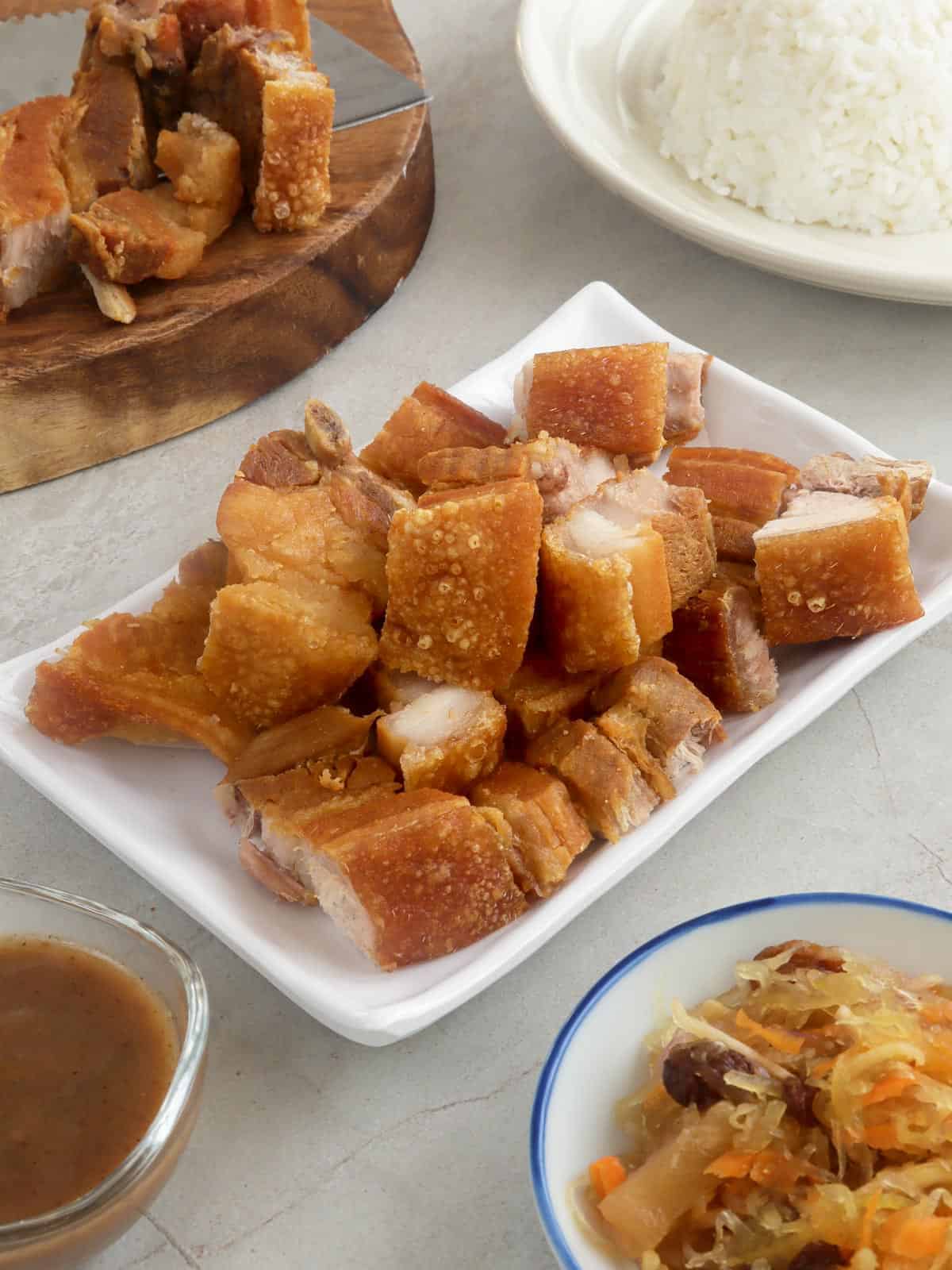 chopped lechon kawali on a serving platter