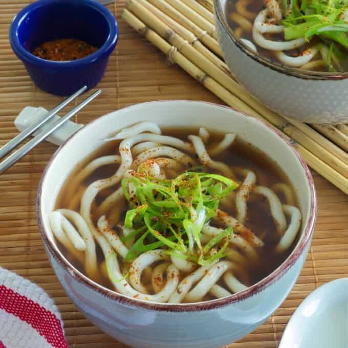 Kake udon in a bowl with green onions