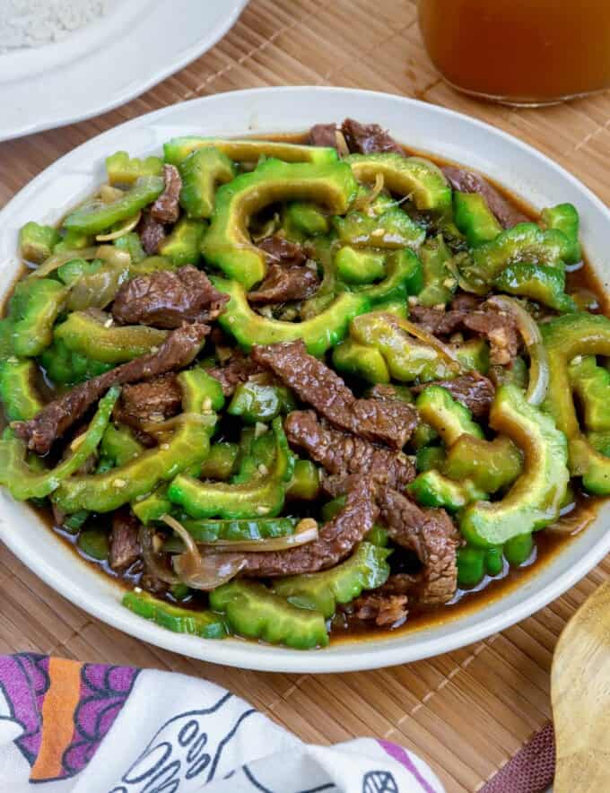 Ampalaya con Carne in a white bowl.