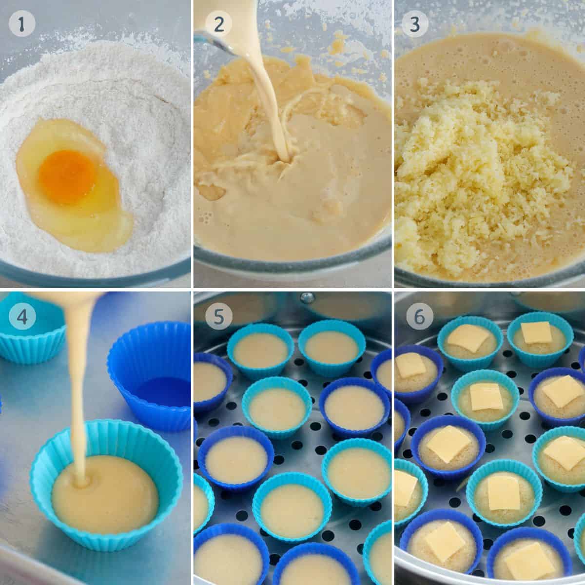 making cheese puto batter in a bowl and steaming in plastic molds.