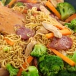 instant ramen noodle stir fry in a pan