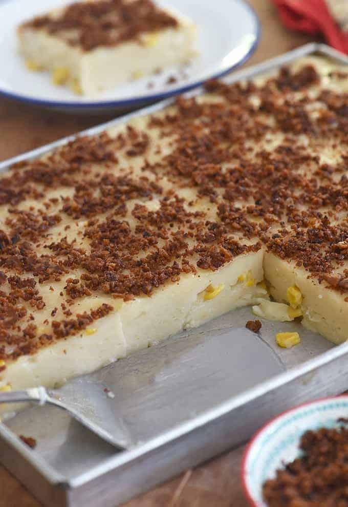 Maja Blanca Espesyal in a tin baking dish