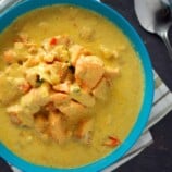 Salmon Curry in a blue bowl