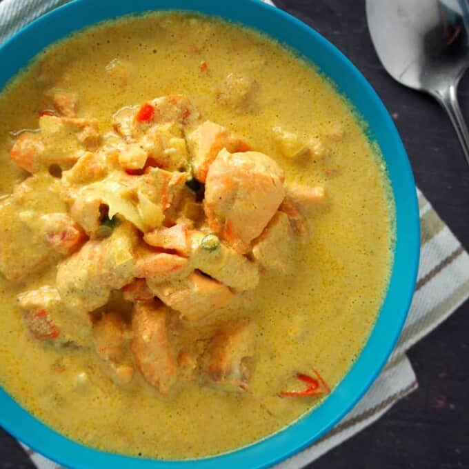 Salmon Curry in a blue bowl