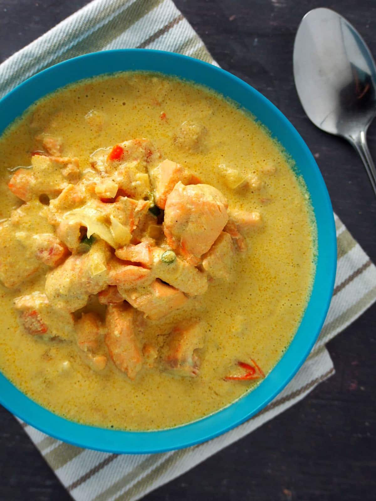 Salmon Curry in a blue bowl