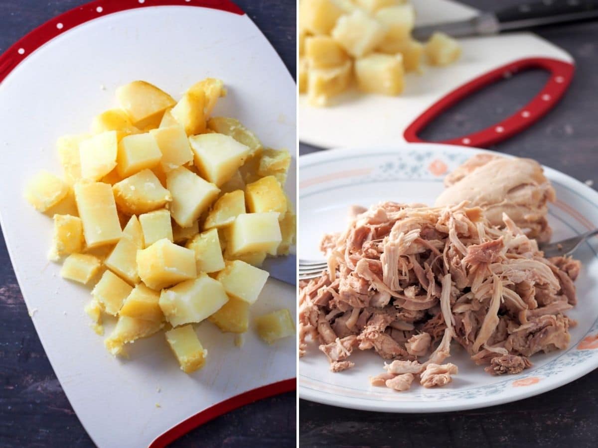 cubed potatoes and shredded chicken