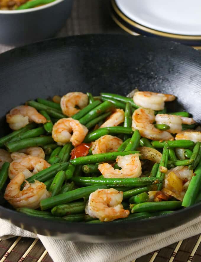 Green Bean and Shrimp Stir-fry in a wok