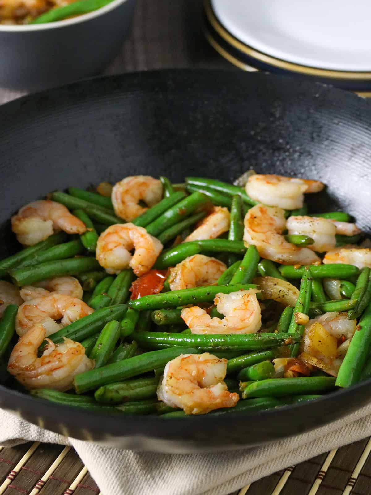 Green Bean and Shrimp Stir-fry in a wok