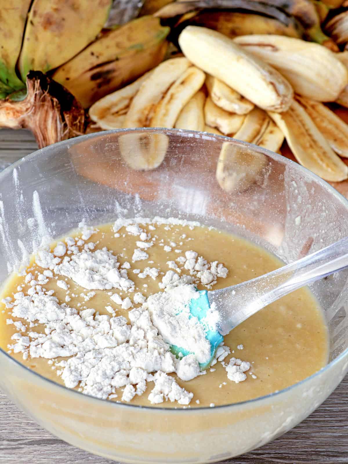 making maruya batter in a clear bowl