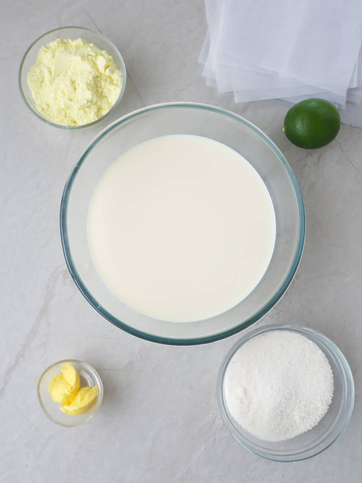 powdered milk, fresh milk, lime, butter, sugar