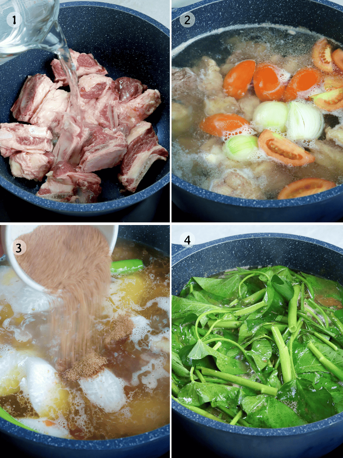 cooking beef sinigang in a pot with kangkong, gabi, and labanos.