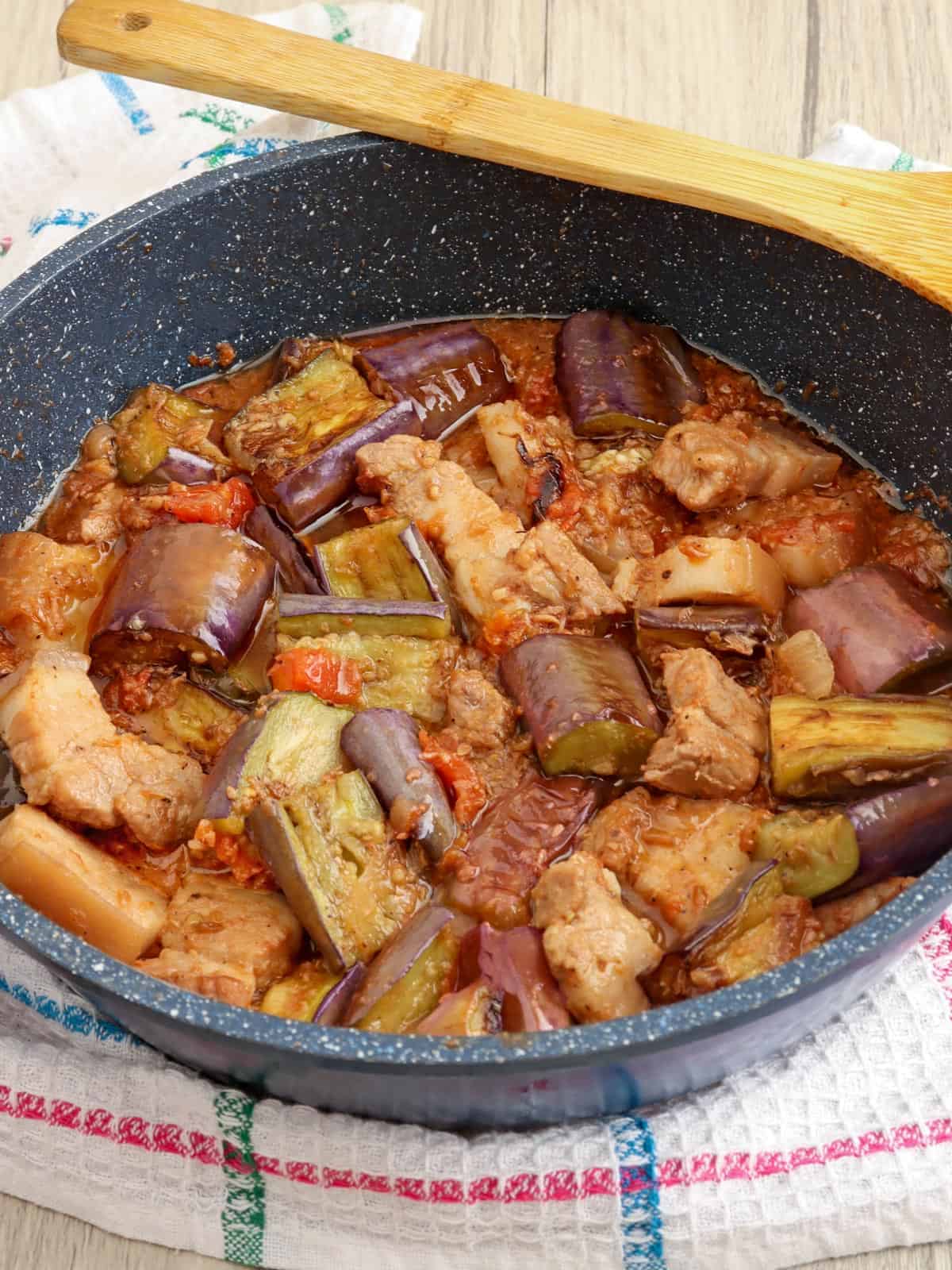 Binagoongan Talong in a skillet