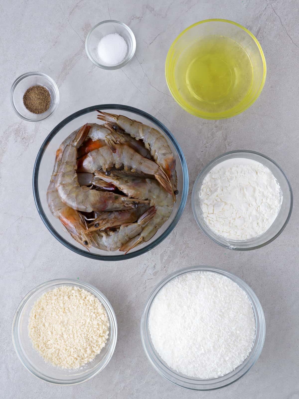 peeled shrimp, cornstarch, sweetened shredded coconut, egg whites, salt, pepper