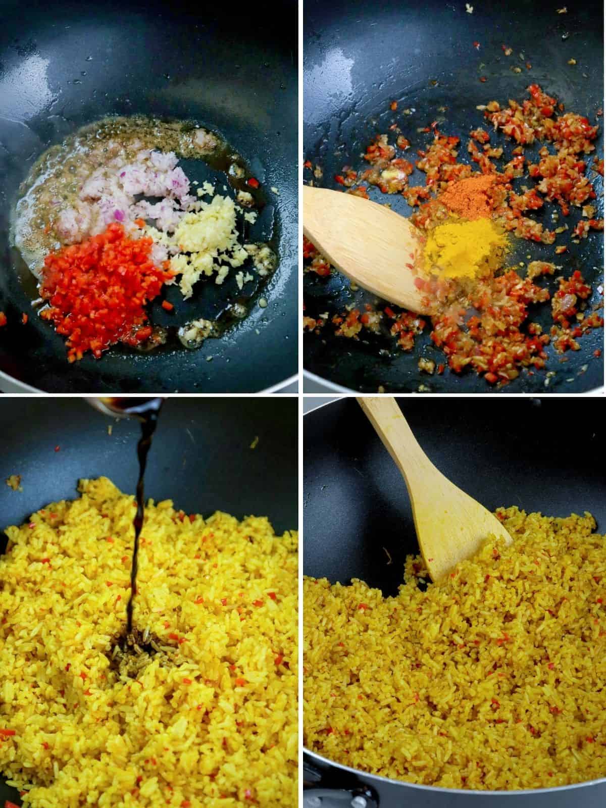 cooking java rice in a wide pan