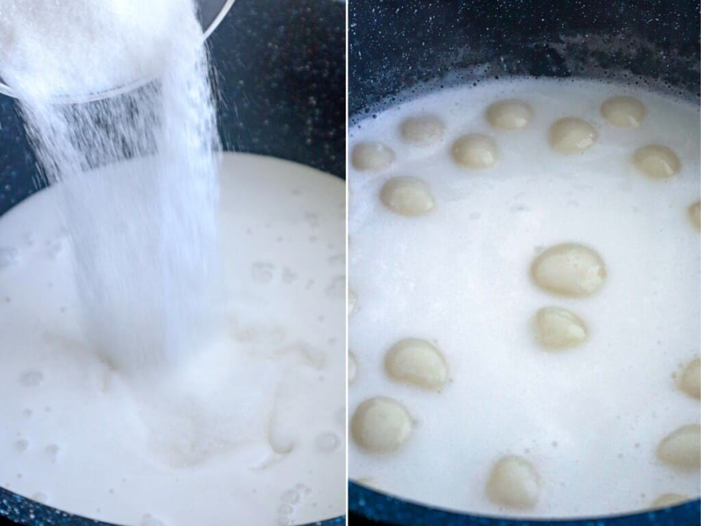 cooking bilo-bilo in coconut milk in a pot