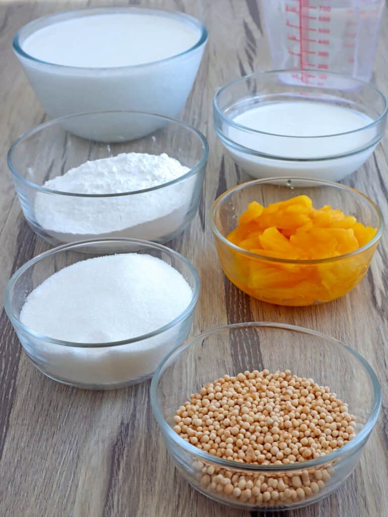 coconut milk, glutinous rice flour, sago pearls, sugar, jackfruit in bowls