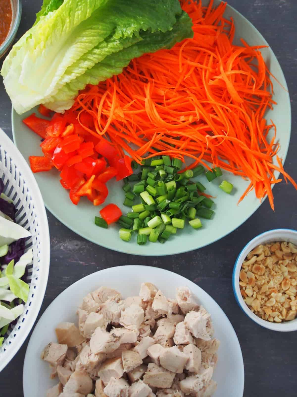 shredded carrots, diced red bell peppers, romaine lettuce, chicken, chopped cabbage, chopped green onions, peanuts