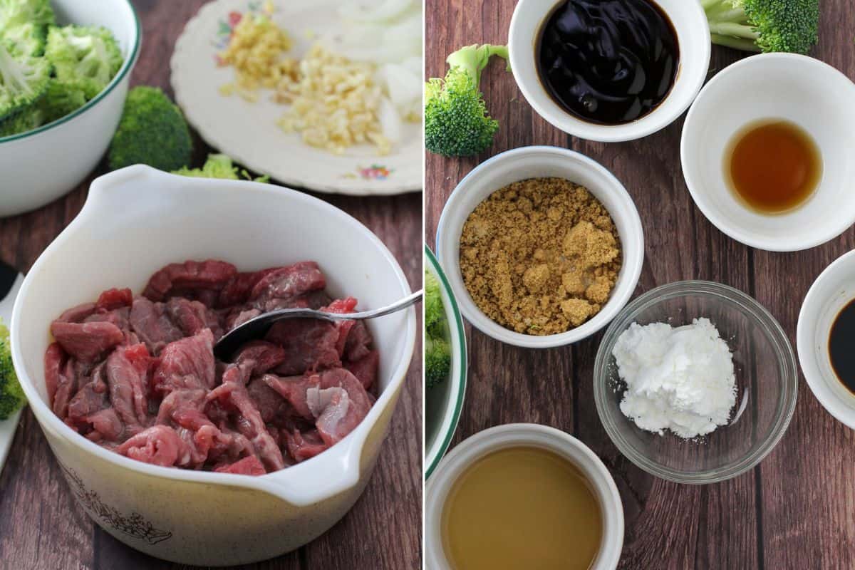 sliced sirloin, broccoli, ginger, garlic, onions, brown sugar, cornstarch, soy sauce,