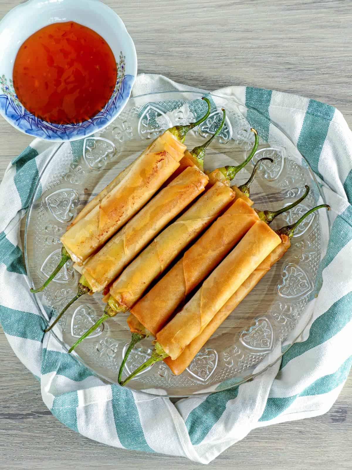 lumpia with chili pepper and ground pork filling