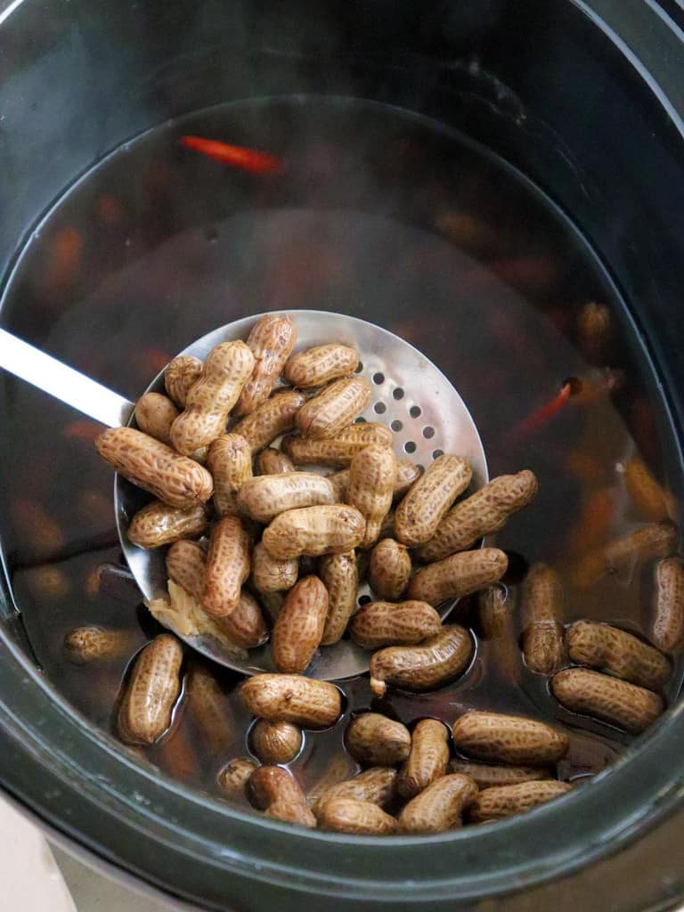 serving boiled peanuts from a slow cooker with a strainer