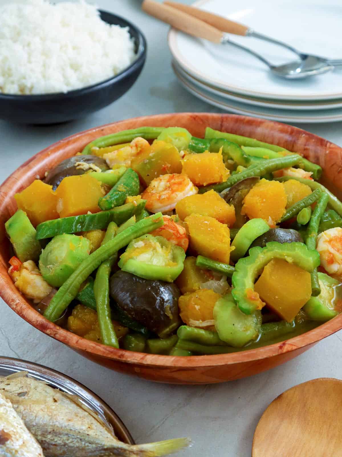 Ginisang Gulay in a wooden serving bowl