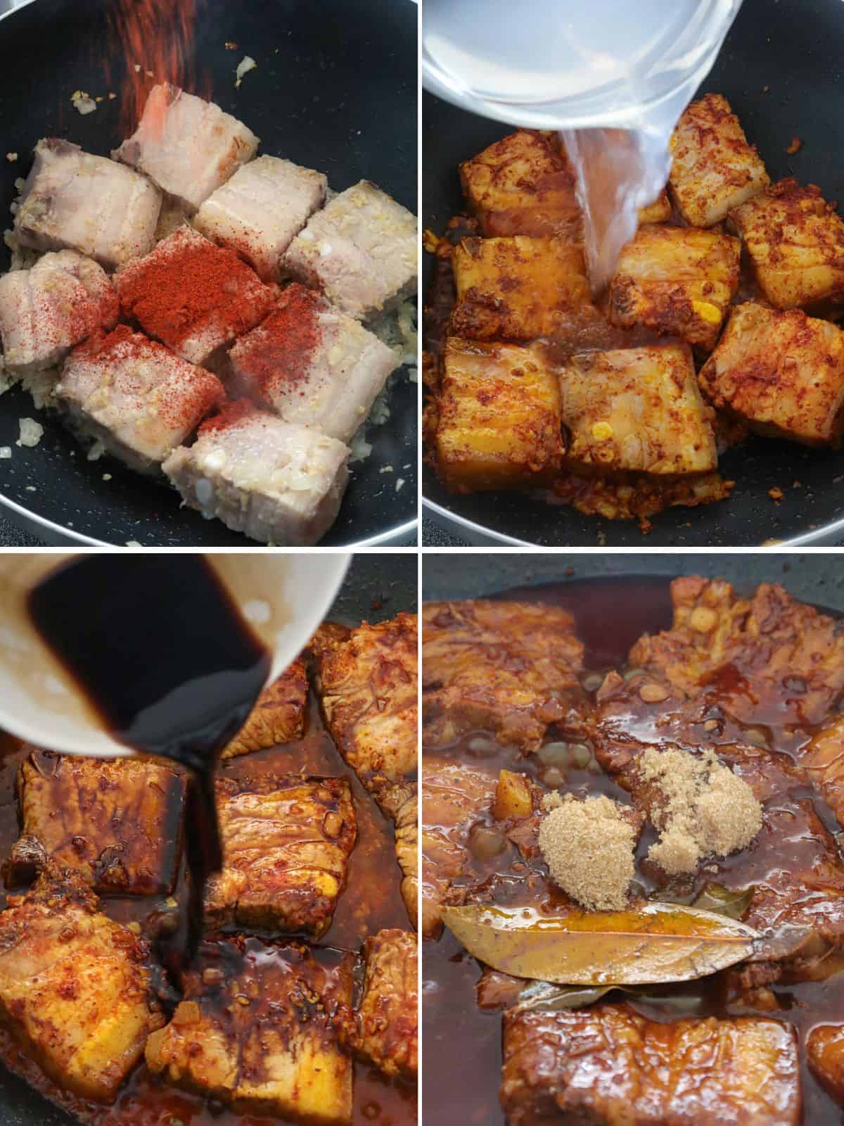 cooking Pork Ribs Adobo with Atsuete in a pan