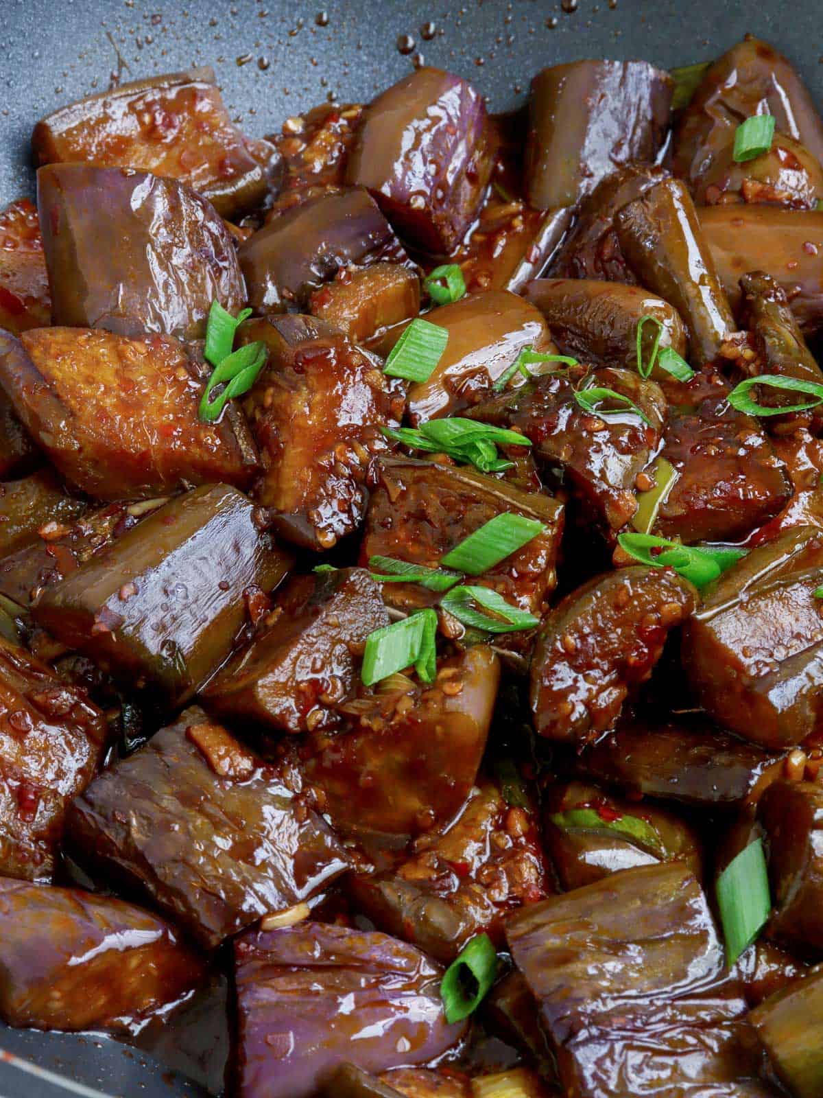 Eggplant with Spicy Garlic Sauce in a pan