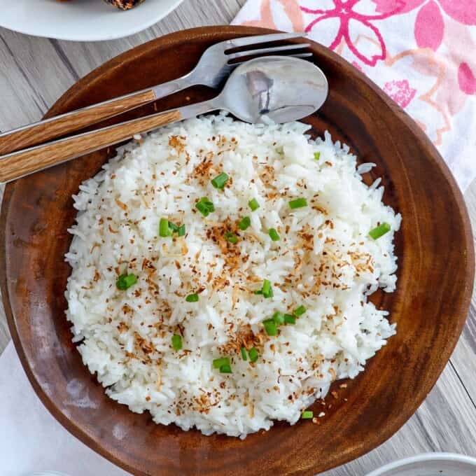 Coconut Rice on a brown wooden plate