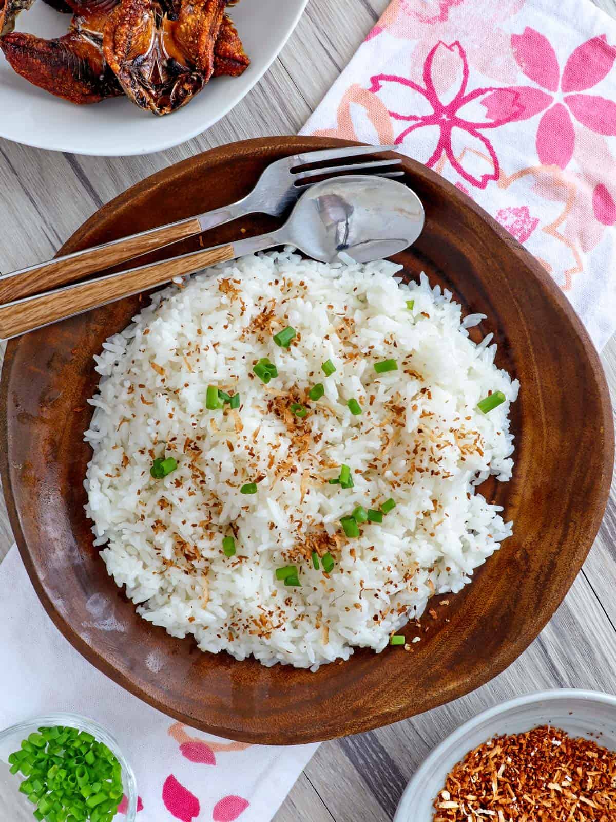 Coconut Rice on a brown wooden plate