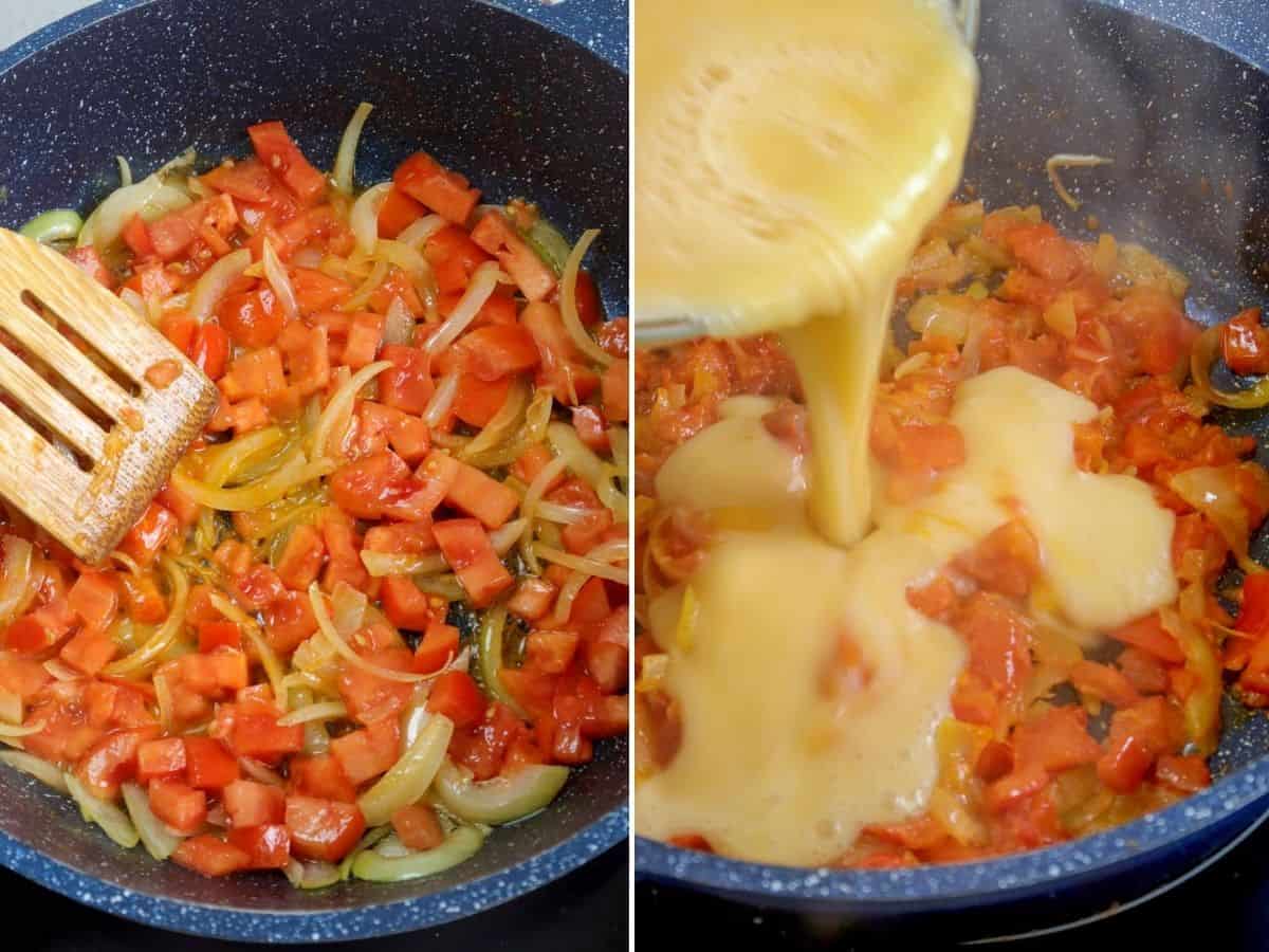 making scrambled eggs with onions and tomatoes in a pan