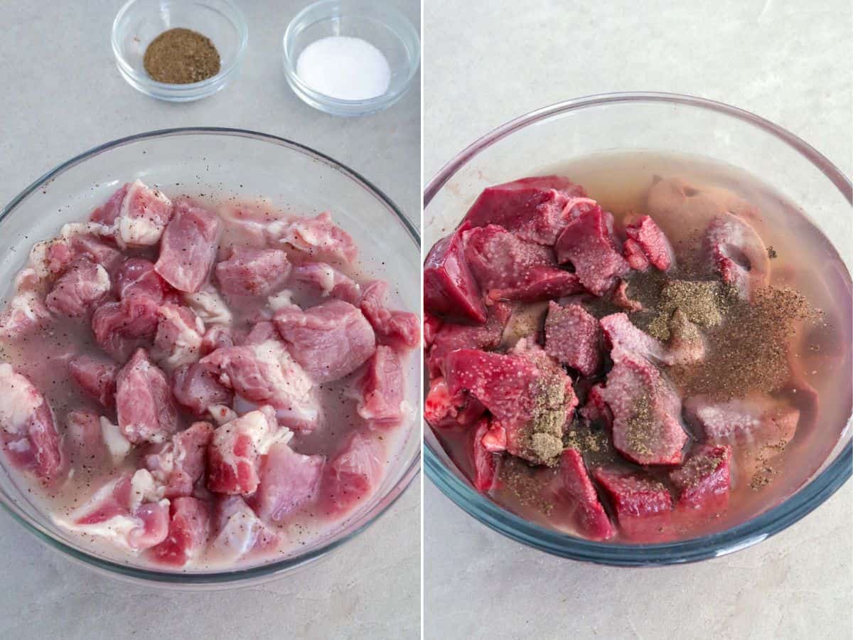 marinmarinating pork cubes and organ meat in vinegar