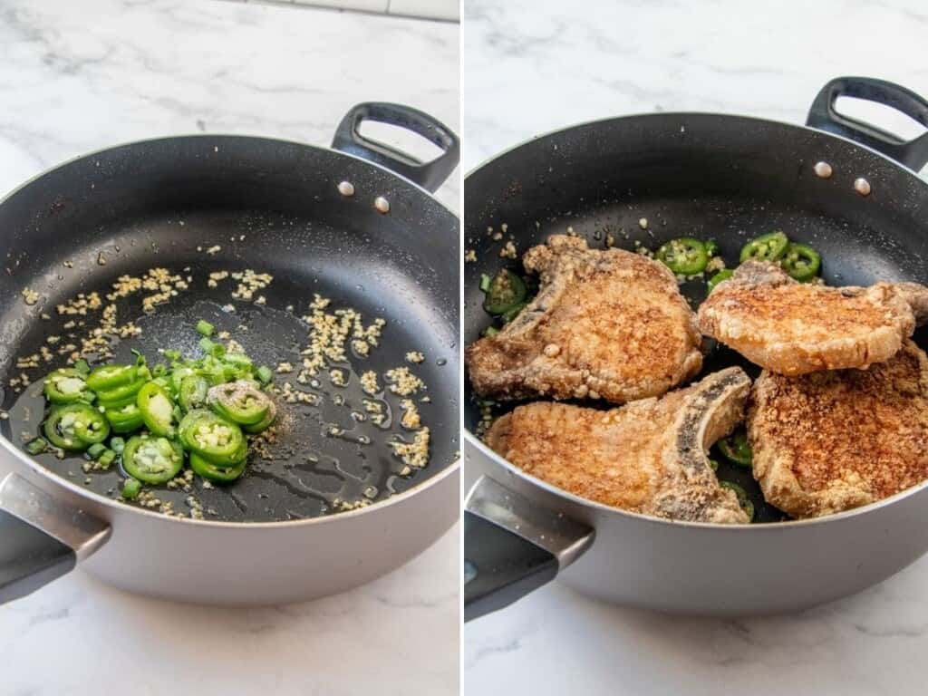 stir-frying fried pork chops in salt and peppers