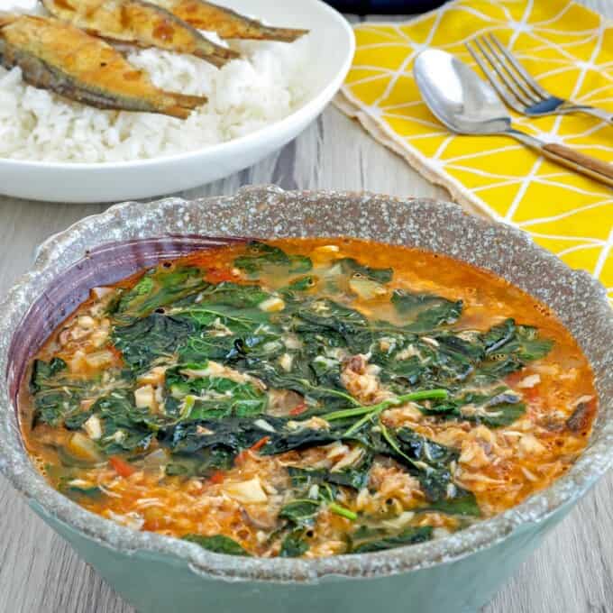 Ginisang Ampalaya Leaves with Tinapa in a serving bowl