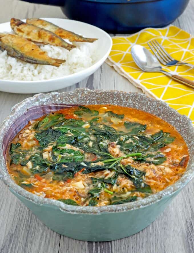 Ginisang Ampalaya Leaves with Tinapa in a serving bowl