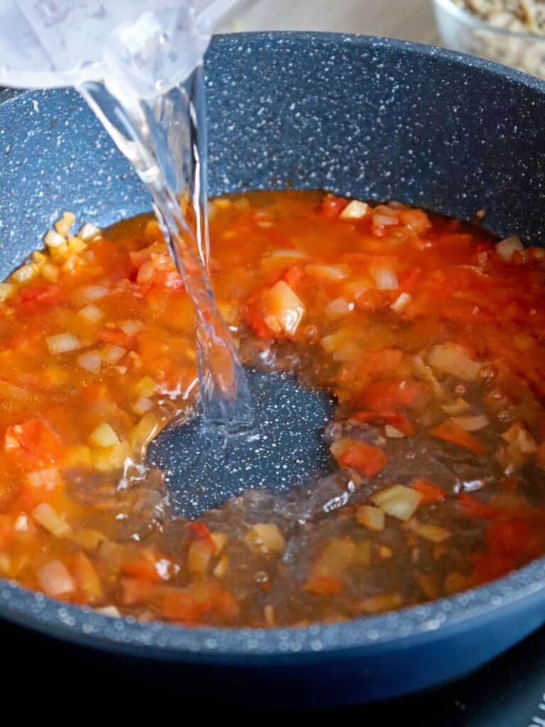 pouring water to sauteed tomatoes and onions in a pot
