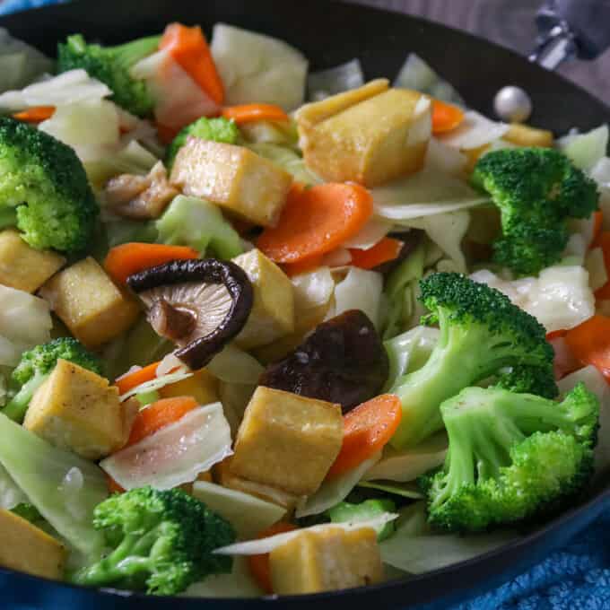 Chop Suey with Tofu and Shitake Mushrooms cooked in a pan