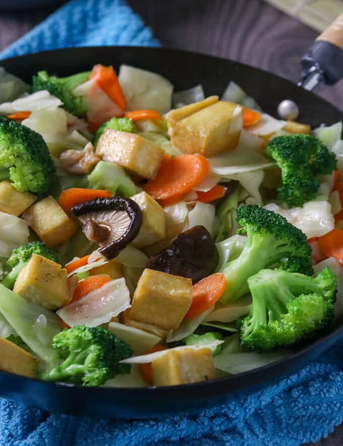 Chop Suey with Tofu and Shitake Mushrooms cooked in a pan