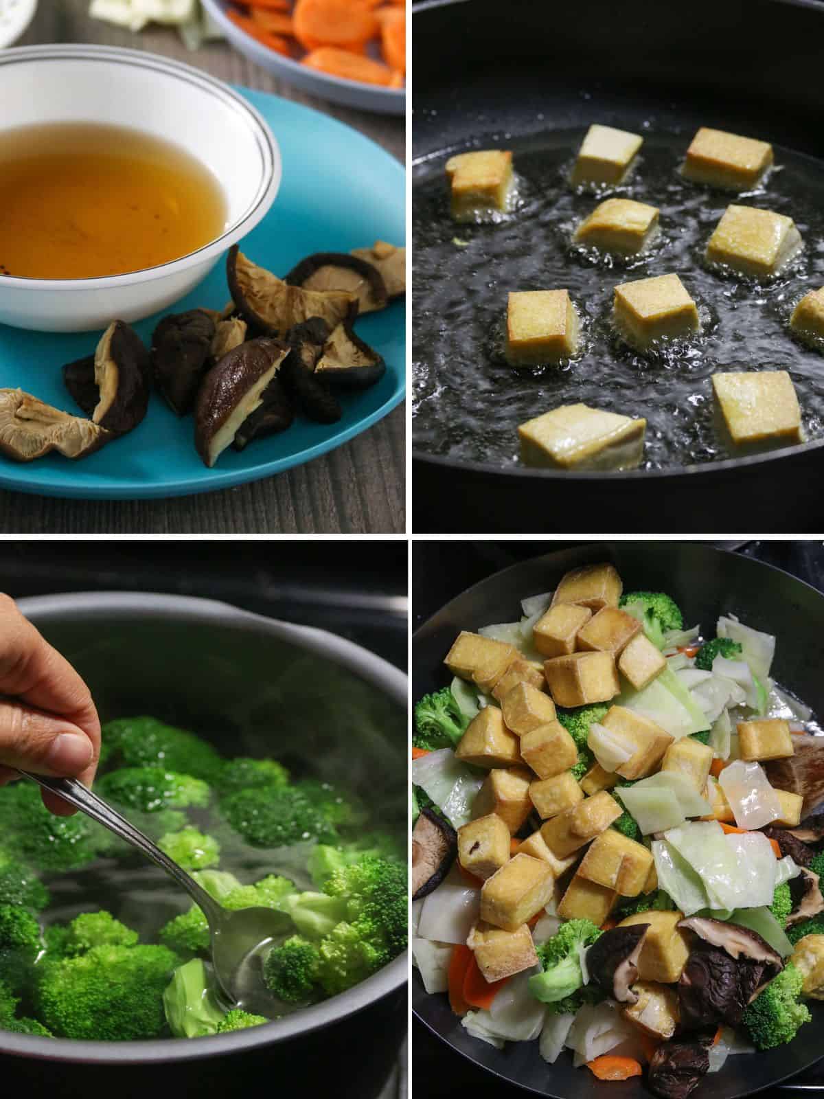 cooking chop suey stir fry with tofu and mushrooms in a pan