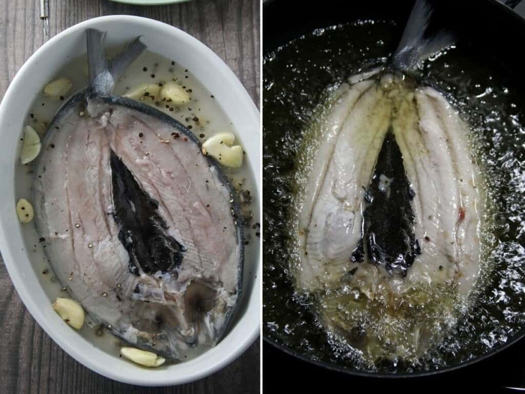 marinating bangus in vinegar and spices and frying in hot oil in a pan