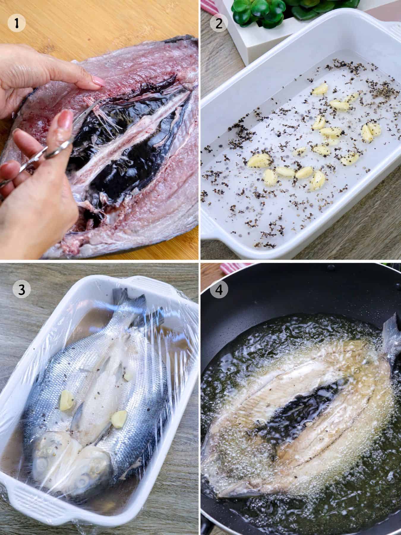 deboning and marinating bangus in vinegar and spices and frying in hot oil in a pan.