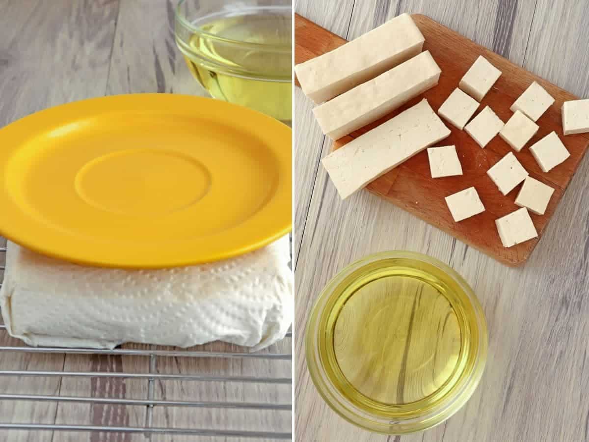 pressing tofu block with a plate and cutting into cubes