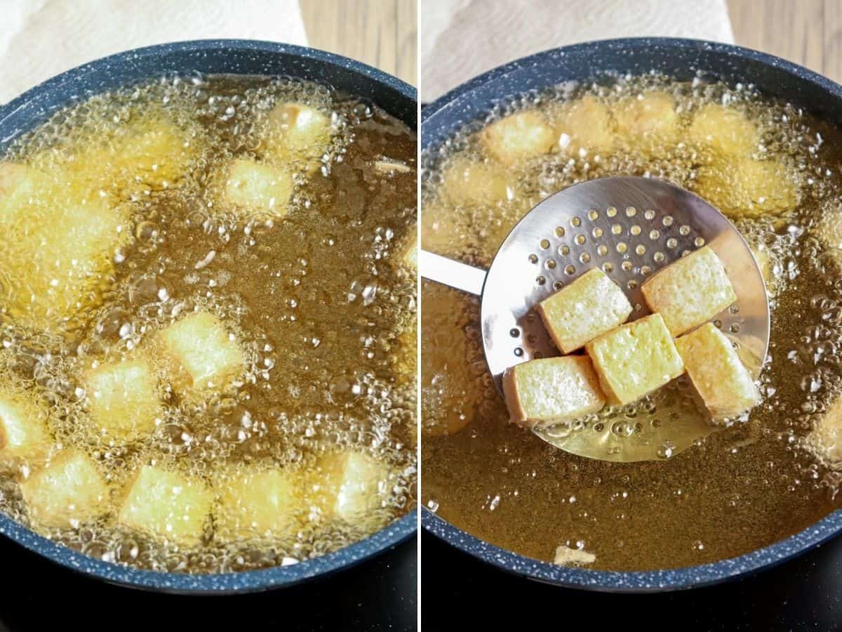 deep-frying tofu in hot oil in a pot