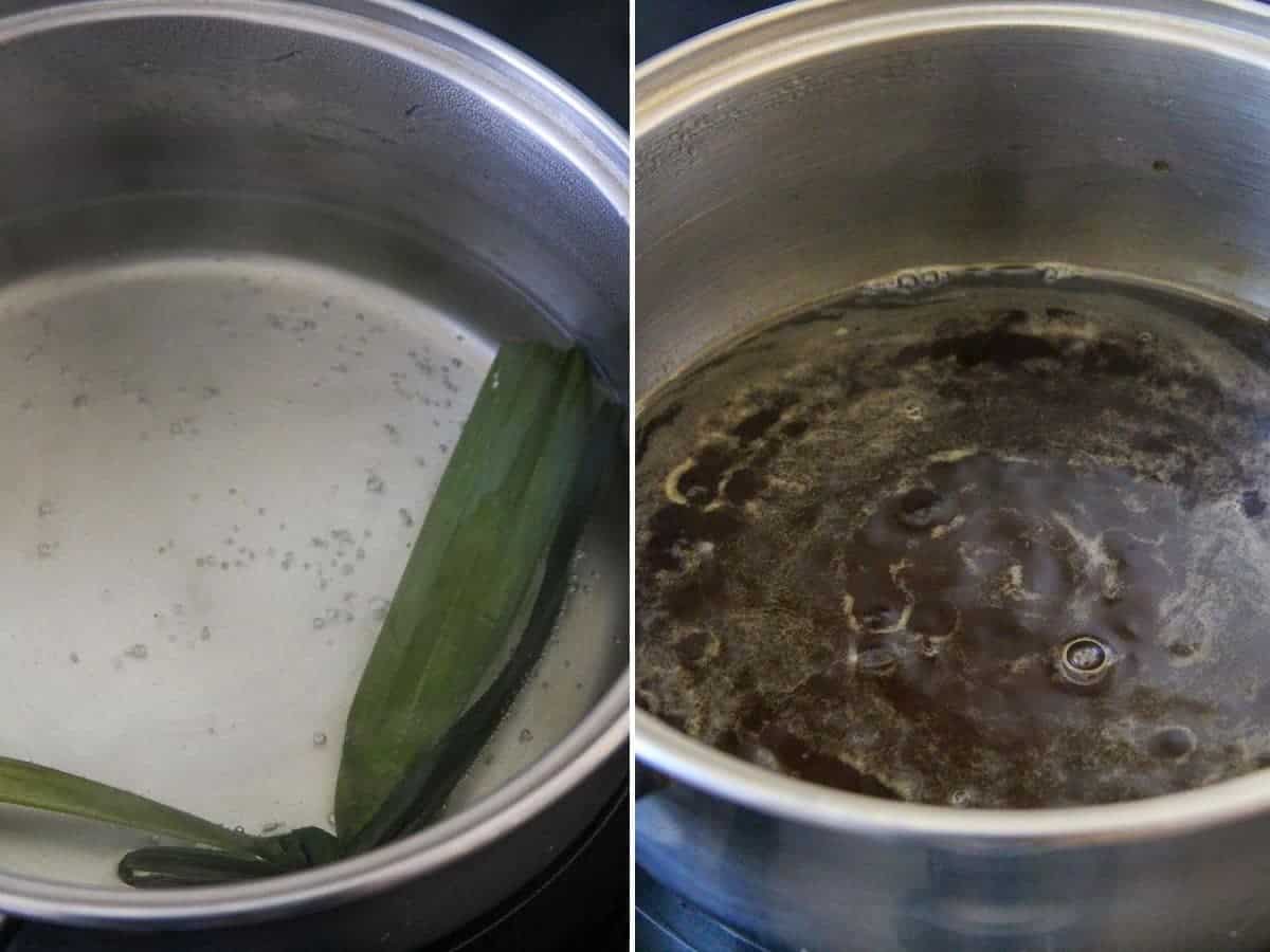 making arnibal syrup flavored with pandan leaves