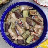 Ginataang Talong in a blue serving bowl