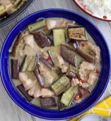 Ginataang Talong in a blue serving bowl