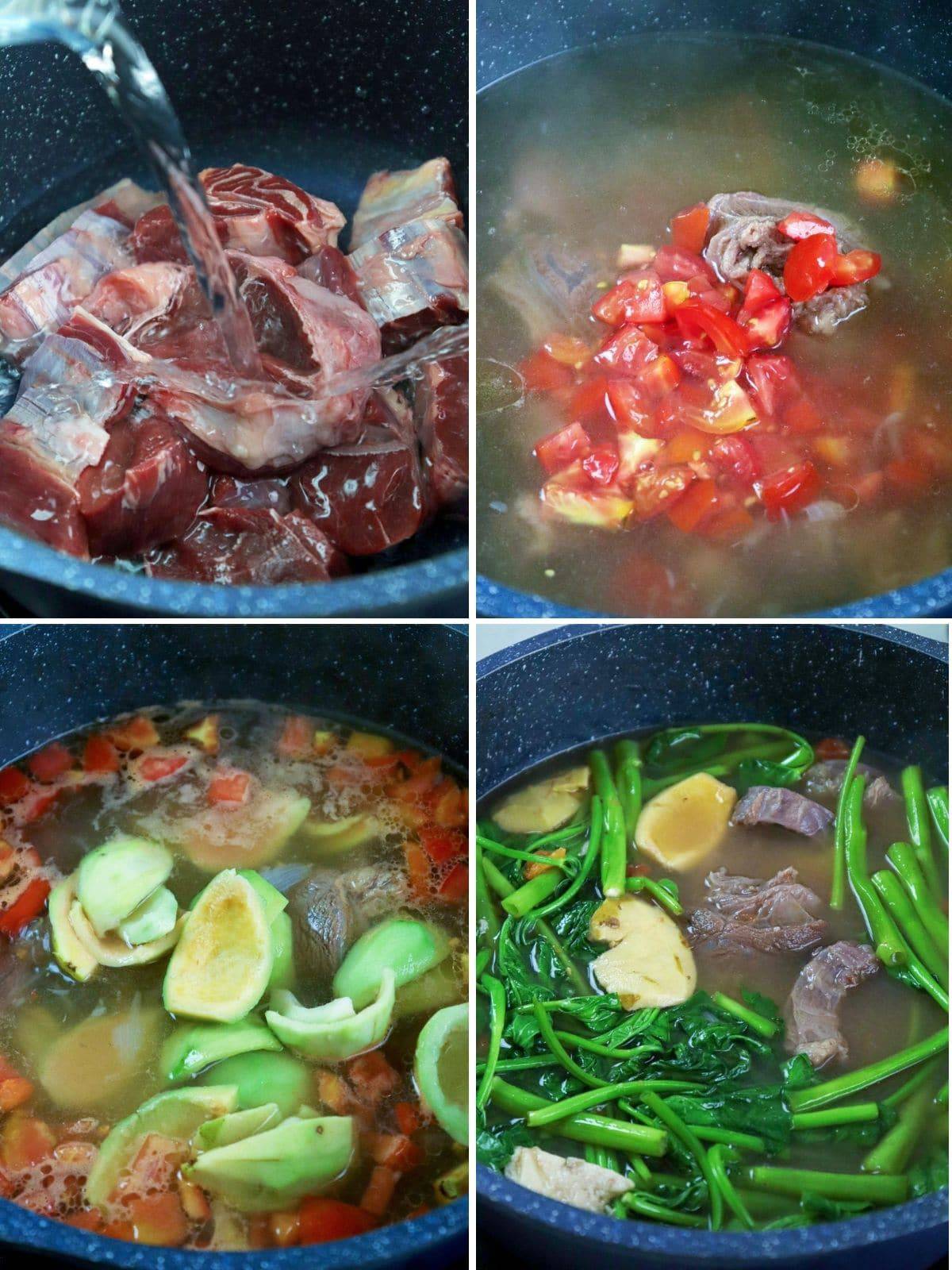 cooking beef sinigang with guavas in a pot