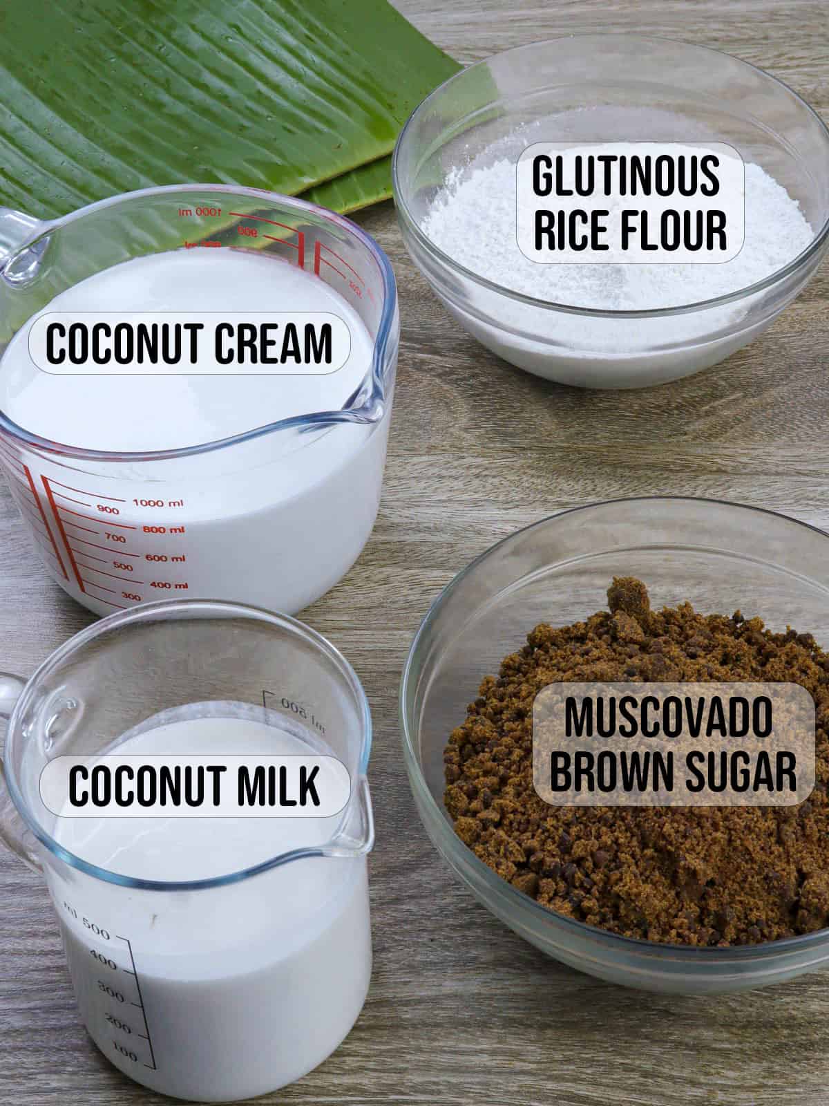 glutinous rice flour, coconut milk, coconut cream, muscovado sugar, banana leaves.