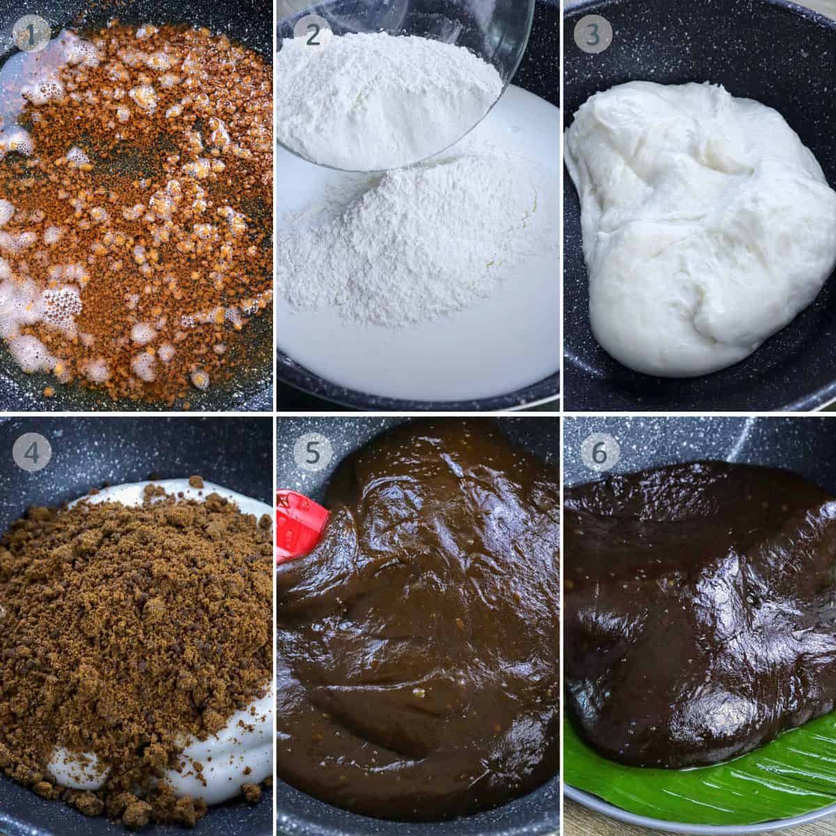making kalamay hati in a pan with glutinous rice flour, coconut milk, and muscovado sugar.