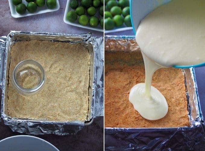 forming the graham cracker crust and pouring cheesecake batter over the baked crust in a baking pan