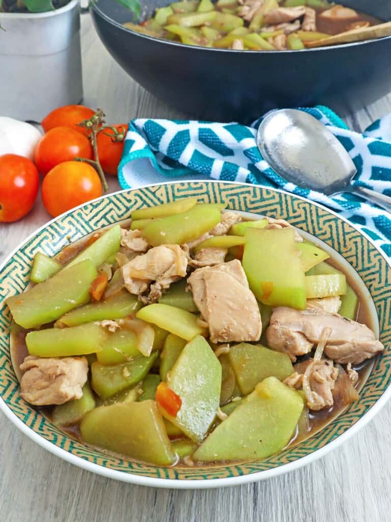 chayote stew with chicken in a serving bowl